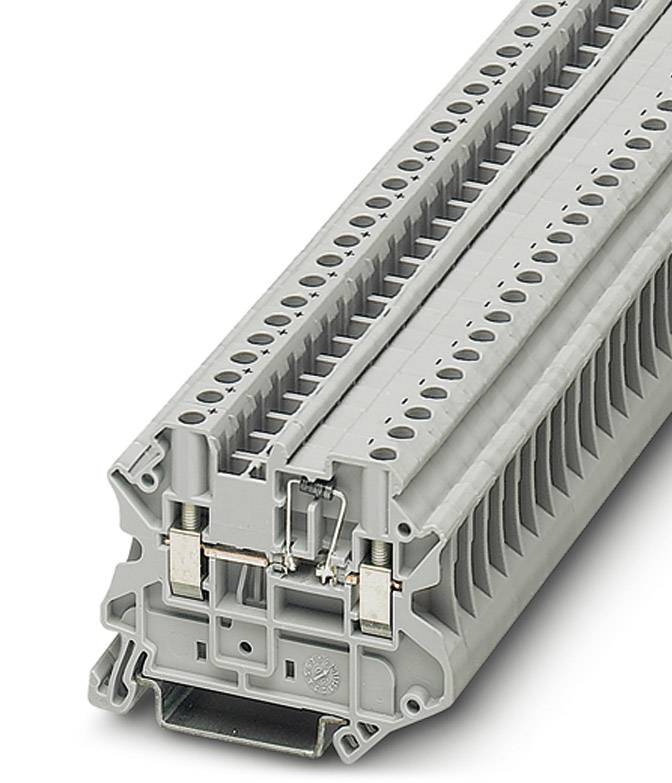 Sivá radová svorkovnica s viacerými možnosťami pripojenia, vhodná pre priemyselné aplikácie a elektrické rozvádzače.