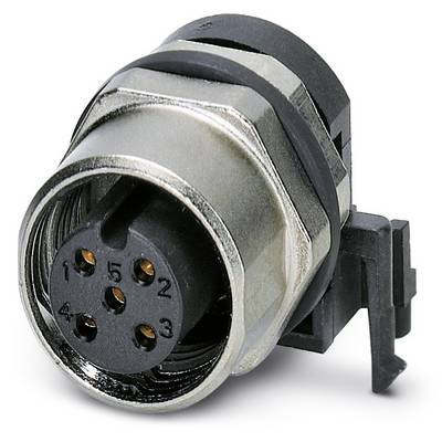 Detailný záber okrúhleho konektora s kovovým vonkajším krytom a piatimi očíslovanými pinmi v plastovom prstenci. Vhodný pre technické aplikácie.