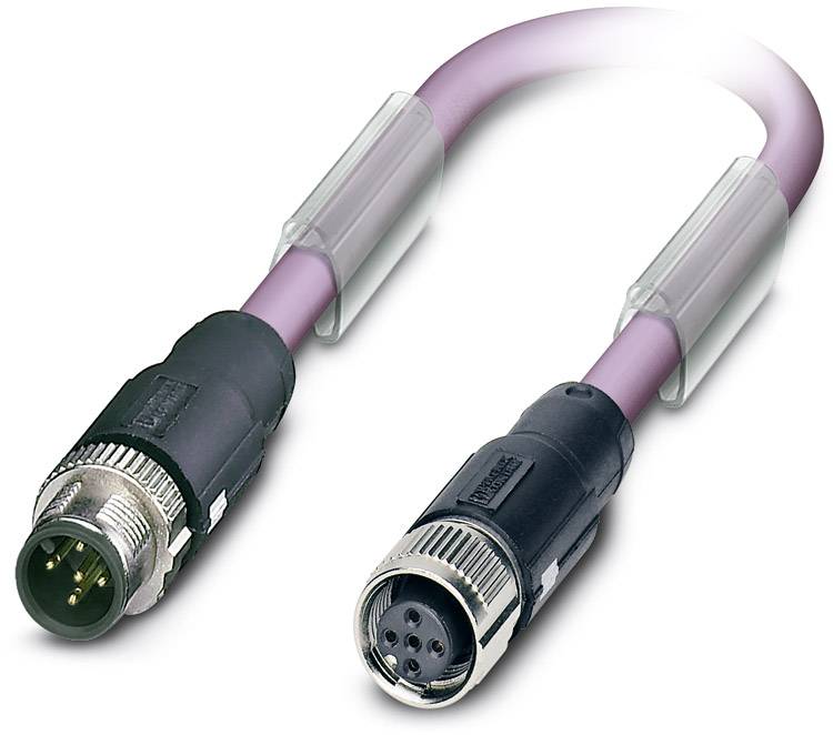 Fialový kábel s dvoma okrúhlymi, viacpólovými konektormi na koncoch. Vhodný pre priemyselné alebo elektronické prepojenia.
