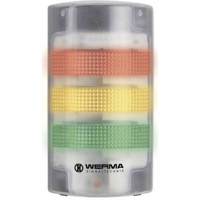 Signálna veža so štyrmi horizontálnymi svetelnými kruhmi: hore červený, v strede žltý, dole zelený. Logo 'WERMA Signaltechnik' dole.
