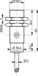 Technický výkres valcovitej súčiastky s rozmermi: dĺžka 50 mm, priemer Ø16,4 mm. Závit M18x1, šesťhran SW24.