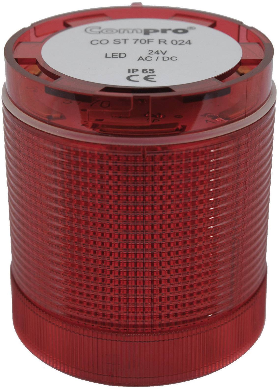 Červené valcovité výstražné svetlo, označené nápisom 'ComPro CO ST 70F R 024 24V LED AC/DC IP65 CE'.