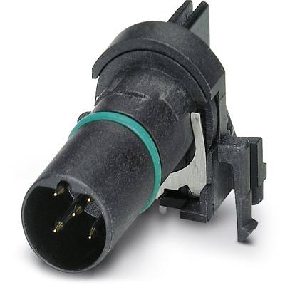 Čierny valcový elektrický konektor so štyrmi kovovými kolíkmi a zeleným krúžkom, namontovaný po boku čierneho krytu.