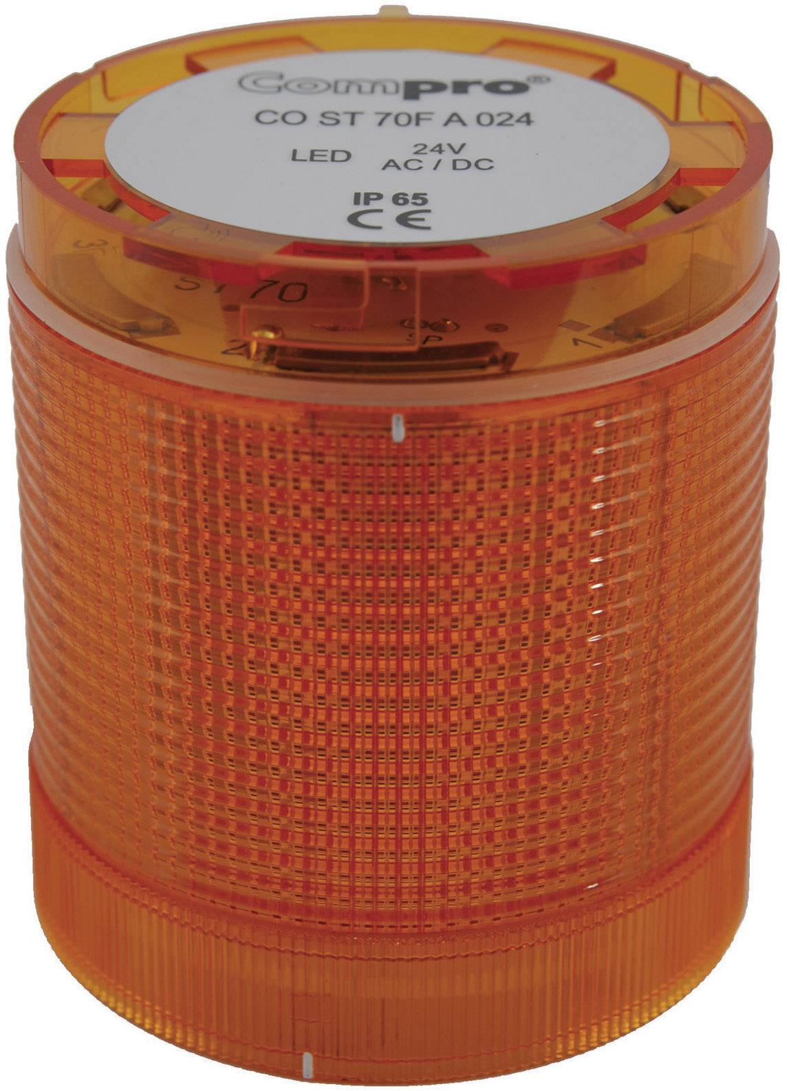 Oranžové LED signálne svetlo, valcovitého tvaru, pre 24V AC/DC s krytím IP65. Vrchná strana s označením CE.