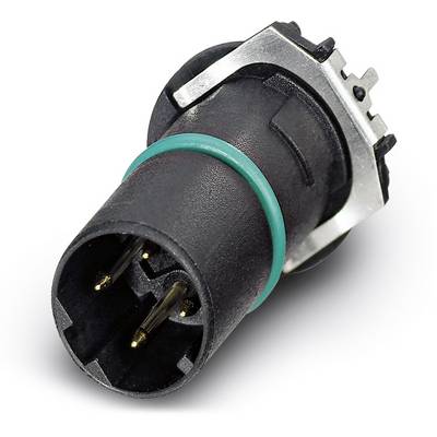 Čierny konektor s tromi kovovými kolíkmi a zeleným tesniacim krúžkom, pravdepodobne určený pre použitie v elektronike alebo technike.