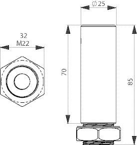 Technický výkres valca s rozmermi: výška 85 mm, priemer 25 mm, závit M22, dĺžka 70 mm. Pohľad zhora ukazuje šesťhran.