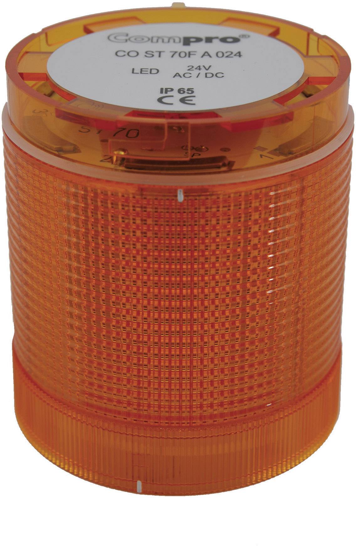 Oranžové LED svetlo s nápisom '24V LED AC/DC' a označením IP65, vhodné pre priemyselné výstražné signály.