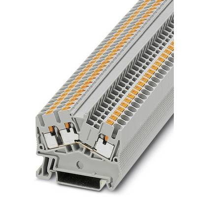 Elektrická svorkovnica s viacerými pripojeniami, šedé puzdro, oranžové vodiče, na upevnenie na nosné lišty.