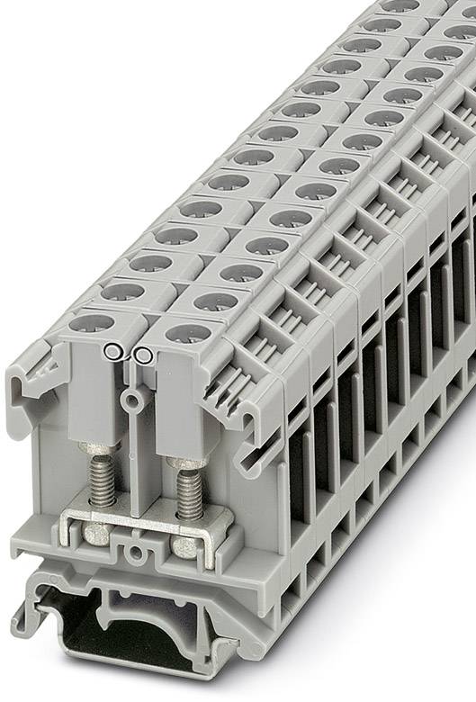 Šedý radový svorkovnicový modul s viacerými pripojeniami. Často sa používa v rozvádzačoch na zapojenie elektrických obvodov.