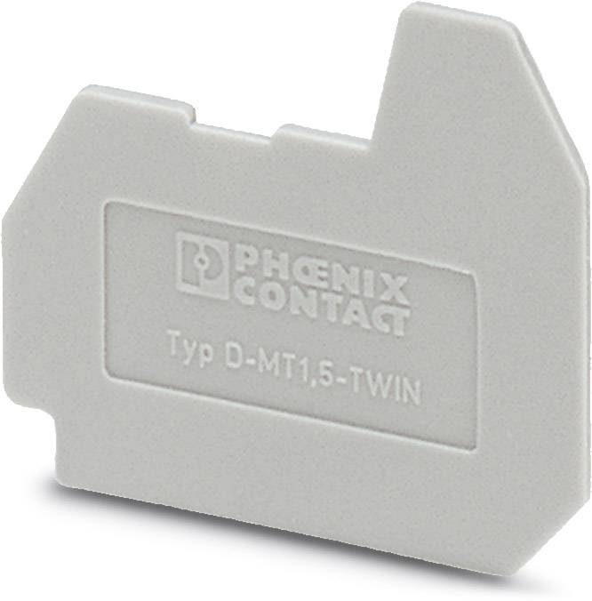 Sivý plastový diel s nápisom 'PHOENIX CONTACT Typ D-MT1,5-TWIN', pravdepodobne príslušenstvo pre elektrické pripojenie.