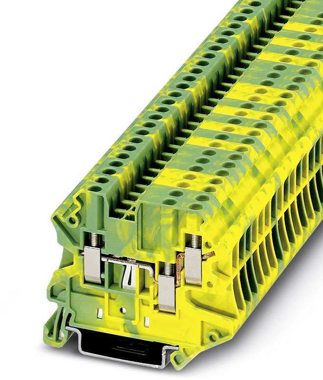 Žlté a zelené radové svorky s prípojkami v priemyselnom elektrotechnickom kontexte, vhodné na montáž na DIN lištu.