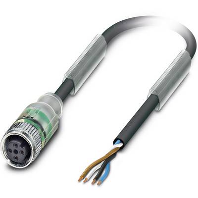 Elektrický kábel bez izolácie s okrúhlym kovovým konektorom na ľavom konci a troma rôznofarebným vodičmi na pravom konci.