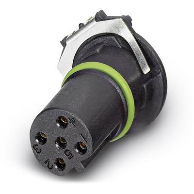 Šesťpólový elektrický konektor s čiernym krytom a zeleným tesniacim krúžkom, často používaný v elektronických zariadeniach.