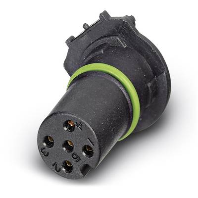 Čierny, valcovitý elektronický konektor s viacerými kontaktmi a zeleným tesniacim krúžkom, pravdepodobne určený pre automobilové aplikácie.