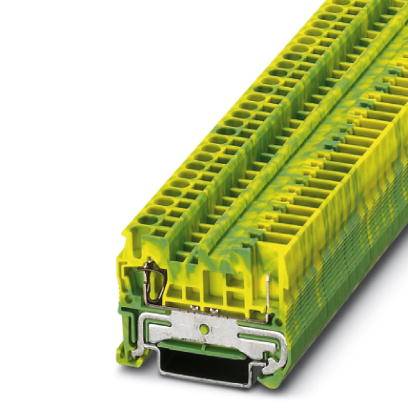 Žlto-zelený svorkovnicový blok s kovovým pripojením. Primárne používaný v elektroinštalačnom sektore pre bezpečné elektrické prepojenia.