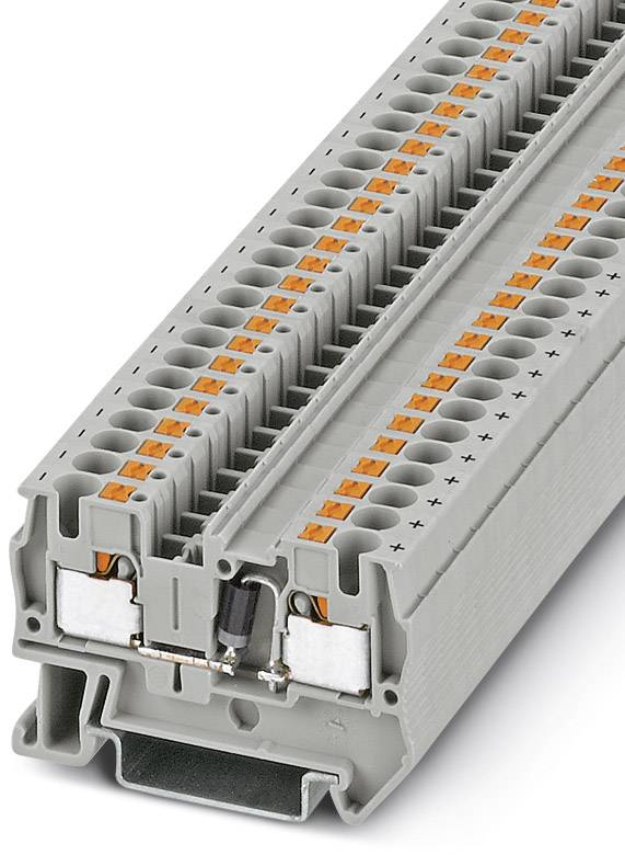 Šedá radová svorka s oranžovými spojovaciími prvkami, zobrazená z predného a bočného pohľadu. Znázornená elektrická spájacia technika.