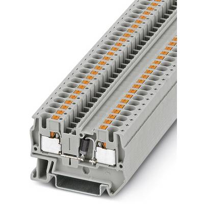 Šedá radová svorka s oranžovými spojovaciími prvkami, zobrazená z predného a bočného pohľadu. Znázornená elektrická spájacia technika.