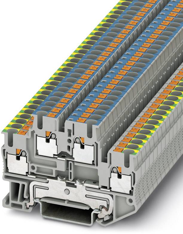 Viacúrovňové elektrické svorkovnice s rôznymi farebnými pripojovacími bodmi, ktoré sa používajú na pripojenie vodičov v rozvádzačoch.