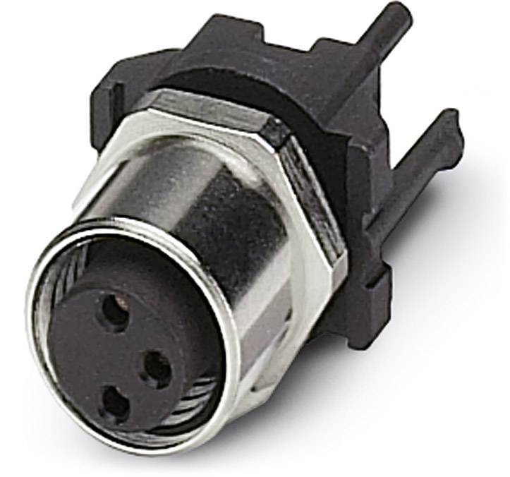 Kovový konektor s tromi kruhovými vývodmi, vhodný pre elektronické prepojenia zariadení.