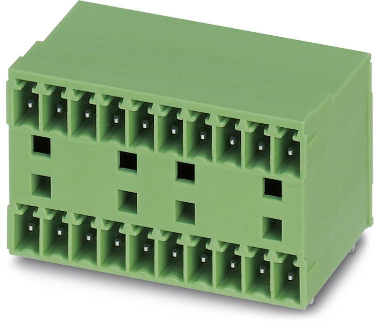 Zelený konektorový blok s viacerými prípojnými miestami v obdĺžnikovom kryte, vhodný pre elektrické prepojenia.