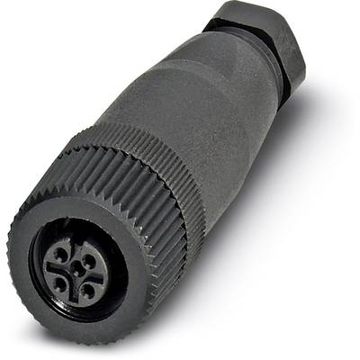 Čierny cylindrický konektor so štyrmi kontaktnými otvormi, vhodný pre elektrické prepojenia v priemyselných aplikáciách.
