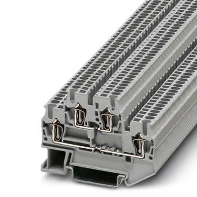 Sivý radový svorkovnicový blok s viacerými pripojovaciami miestami, používaný na bezpečné prepojenie elektrických vodičov v rozvádzačoch.