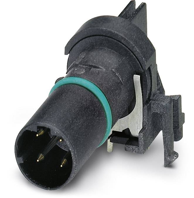 Čierny cylindrický konektor so zeleným prstencom a viacerými kolíkmi, vhodný pre elektronické prepojenia.