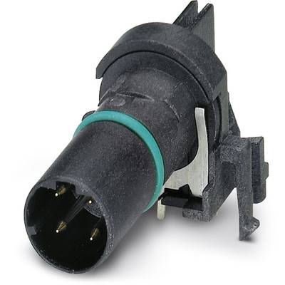 Čierny cylindrický konektor so zeleným prstencom a viacerými kolíkmi, vhodný pre elektronické prepojenia.