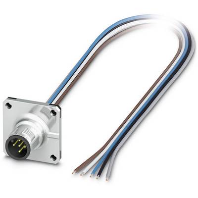 Strieborný elektrický konektor so štyrmi farebnými káblami (hnedý, modrý, čierny, sivý), ktoré smerujú doprava.