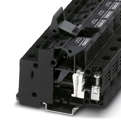 Čierny elektrický poistkový blok s viacerými poistkami, vhodný pre priemyselné aplikácie.