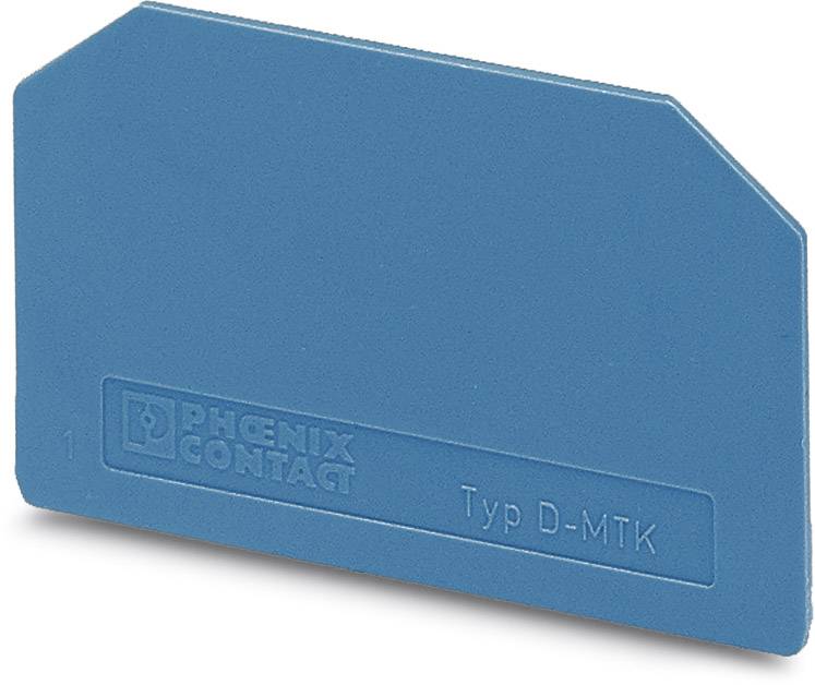 Modrý plastový kryt so skoseným rohom, označený nápisom 'PHOENIX CONTACT' a 'Typ D-MTK', slúži na zakrytie elektrických konektorov.