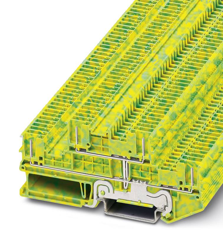 Žltý a zelený technický komponent, pravdepodobne elektrická svorkovnica alebo lišta, so zložitou štruktúrou.
