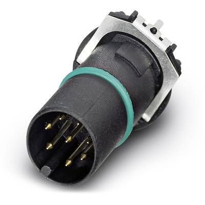 Čierny šesťpólový elektrický konektor so zeleným krúžkom a kovovými kontaktmi, vhodný pre priemyselné použitie.