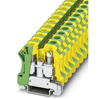 Svorkovnicový blok v žlto-zelenom dizajne, zobrazuje skrutkové spoje a držiaky káblov. Vhodný pre bezpečné elektrické zapojenie.