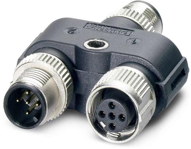 Čierny Y-adaptér s dvoma ženskými a jedným mužským kovovým konektorom, používaný na prepojenie elektronických zariadení.
