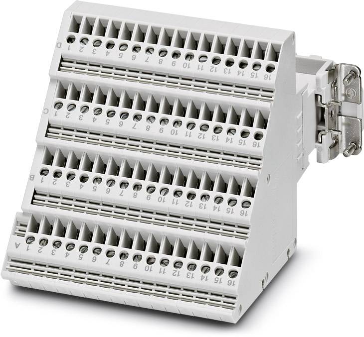 Šedý, viacúrovňový elektrický svorkovnicový blok s očíslovanými svorkami určený na prepájanie vodičov v rozvádzačoch.