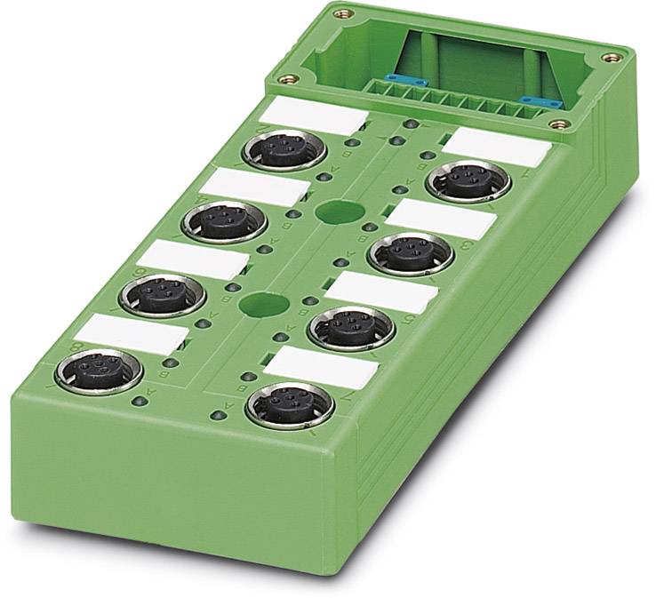 Zelená elektronická konektorová krabica s ôsmimi okrúhlymi portami a otvoreným priehradkou hore, používaná pre priemyselné siete.