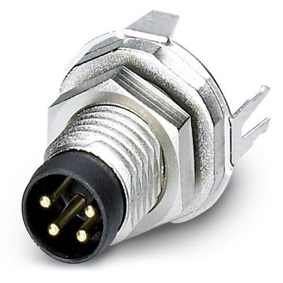 Guľatý strieborný konektor s tromi kovovými kolíkmi a čiernym okrajom, vhodný na montáž do elektrického zariadenia.