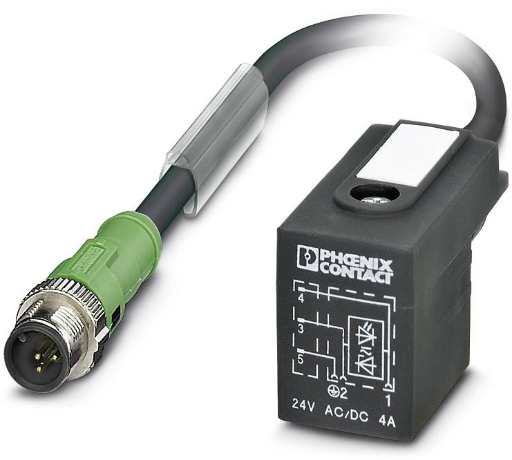 Zástrčka a čierne relé s označením 'PHOENIX CONTACT'. Napätie: 24V AC/DC, prúd: 4A. Produktový obrázok elektrických komponentov.