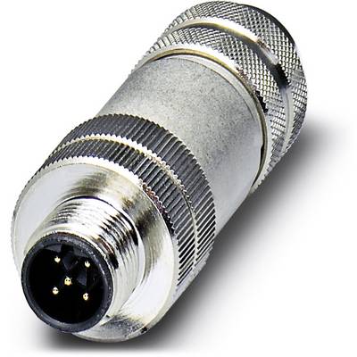 Strieborný, valcovitý elektrický konektor s viacerými pinmi, používaný na prepojenie elektrických zariadení.