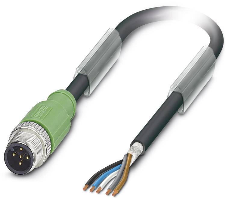 Čierny elektronický kábel so zeleným, okrúhlym konektorom a piatimi odhalitenými farebnými medenými vodičmi na otvorenom konci.