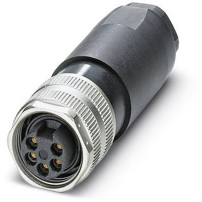 Čierny okrúhly konektor so strieborným kovovým krúžkom a piatimi kolíkmi pre priemyselné elektronické prepojenia.