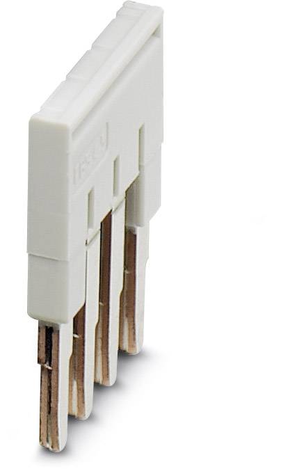 Biely plastový konektor so štyrmi medenými kolíkmi, ktorý sa používa na elektrické prepojenia.