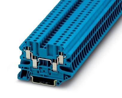 Modrý elektrický rozvádzačový svorkovnicový blok s dvoma radmi svoriek. Vhodný pre zapojenie v rozvádzačoch.