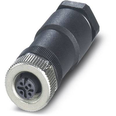 Čierny valcový elektrický konektor s kovovým závitom a štyrmi pinmi, vhodný pre priemyselné použitie.