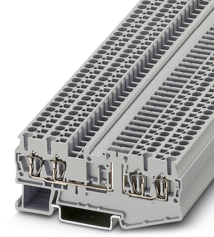 Šedé, viacvrstvové elektrické svorkovnicové púzdro s viacerými radmi svoriek a pevnými kovovými kontaktmi na prepojenie vodičov.