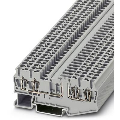 Šedé, viacvrstvové elektrické svorkovnicové púzdro s viacerými radmi svoriek a pevnými kovovými kontaktmi na prepojenie vodičov.