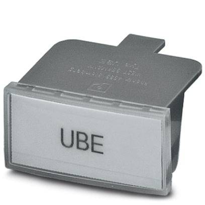 Obdĺžnikové sivé tlačidlo s bielym nápisom 'UBE'.