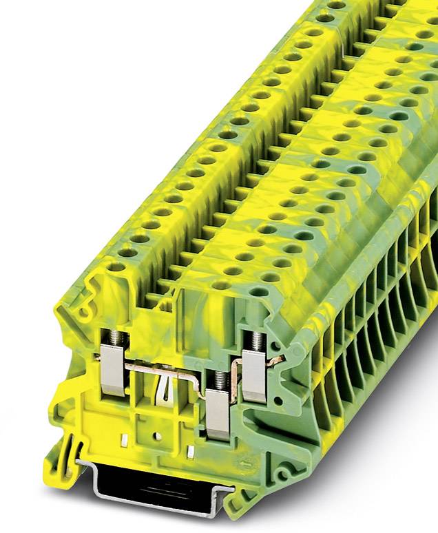 Žlto-zelená radiková svorka na elektrickú vedenie, zobrazujúca niekoľko pripojovacích miest.