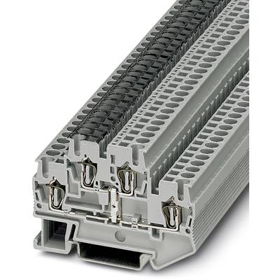 Sivý viacúrovňový radový svorkovnicový blok s viacerými úrovňami a spojovacie miesta, používaný v elektrických rozvádzačoch.